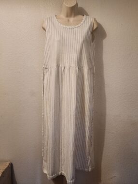 Vintage Striped Cotton Midi Dress Sleeveless Tie Back Made in USA Size M